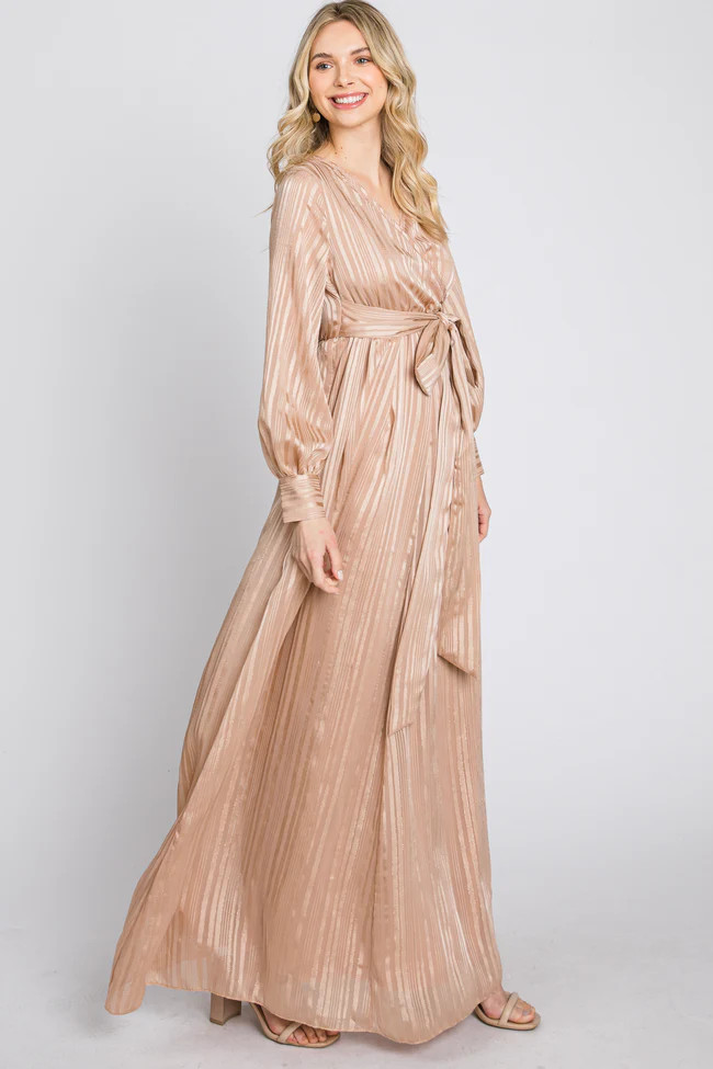 Taupe Striped Shimmer Chiffon Maxi Dress | PinkBlush Maternity