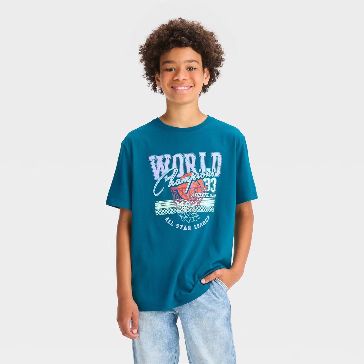 Boys' Basketball World Champion Short Sleeve Graphic T-Shirt - art class™ Teal Blue | Target