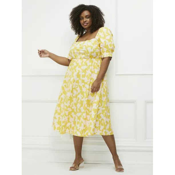 ELOQUII Elements Women's Plus Size Blossom Print Fit and Flare Dress with Puff Sleeves | Walmart (US)