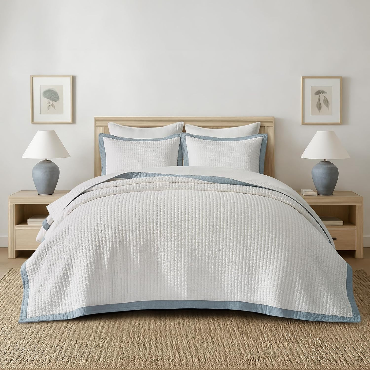 EVERGRACEHOME Border Frame Cotton Quilt Bedding Set, Queen, Blue Linen | Amazon (US)