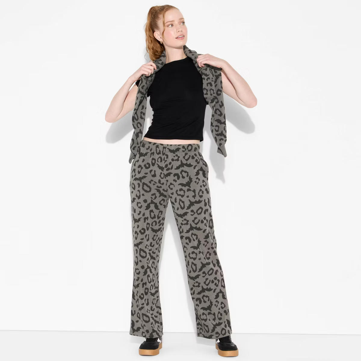 Women's Leopard Bats Barrel Leg Graphic Lounge Pants - Charcoal Gray | Target
