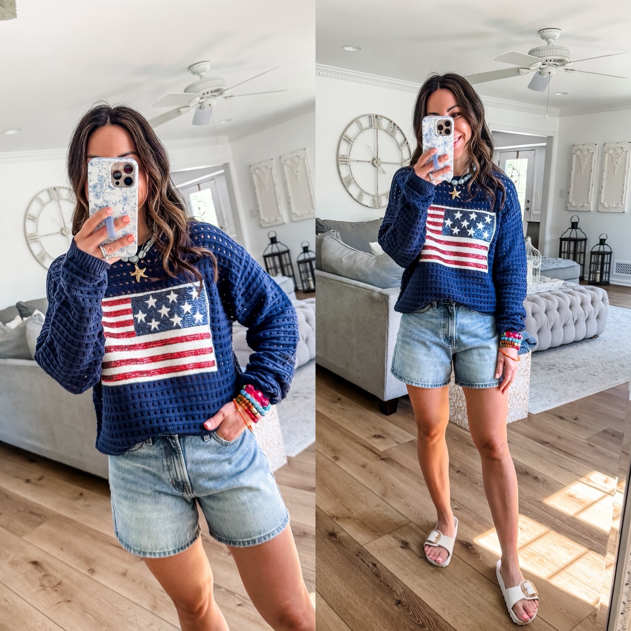 Small flag sweater. Small denim shorts.

#LTKOver40