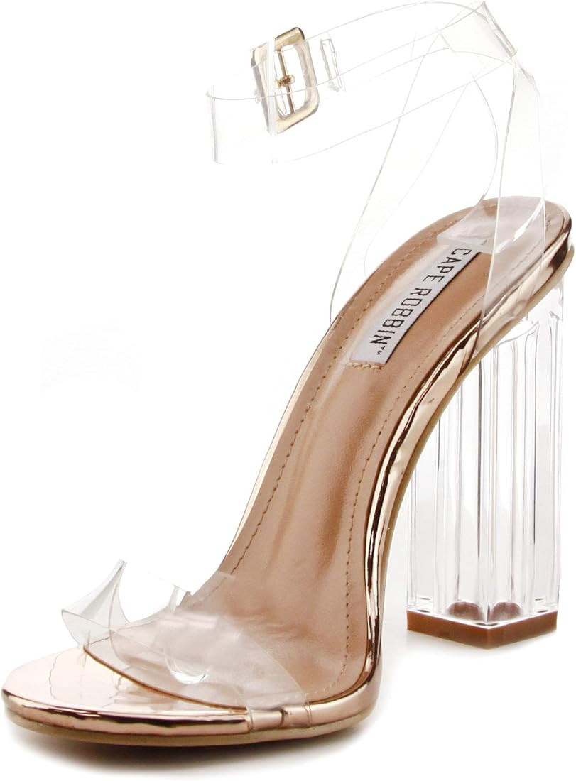 Cape Robbin Maria-2 Clear Chunky Block High Heels for Women, Transparent Strappy Open Toe Shoes H... | Amazon (US)