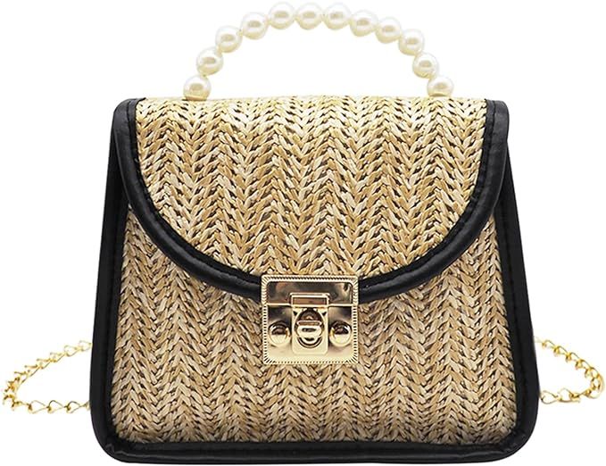 Straw Bag for Women, Summer Woven Crossbody Shoulder Bag Small Pearl Top Handle Handbag Flap Satc... | Amazon (US)