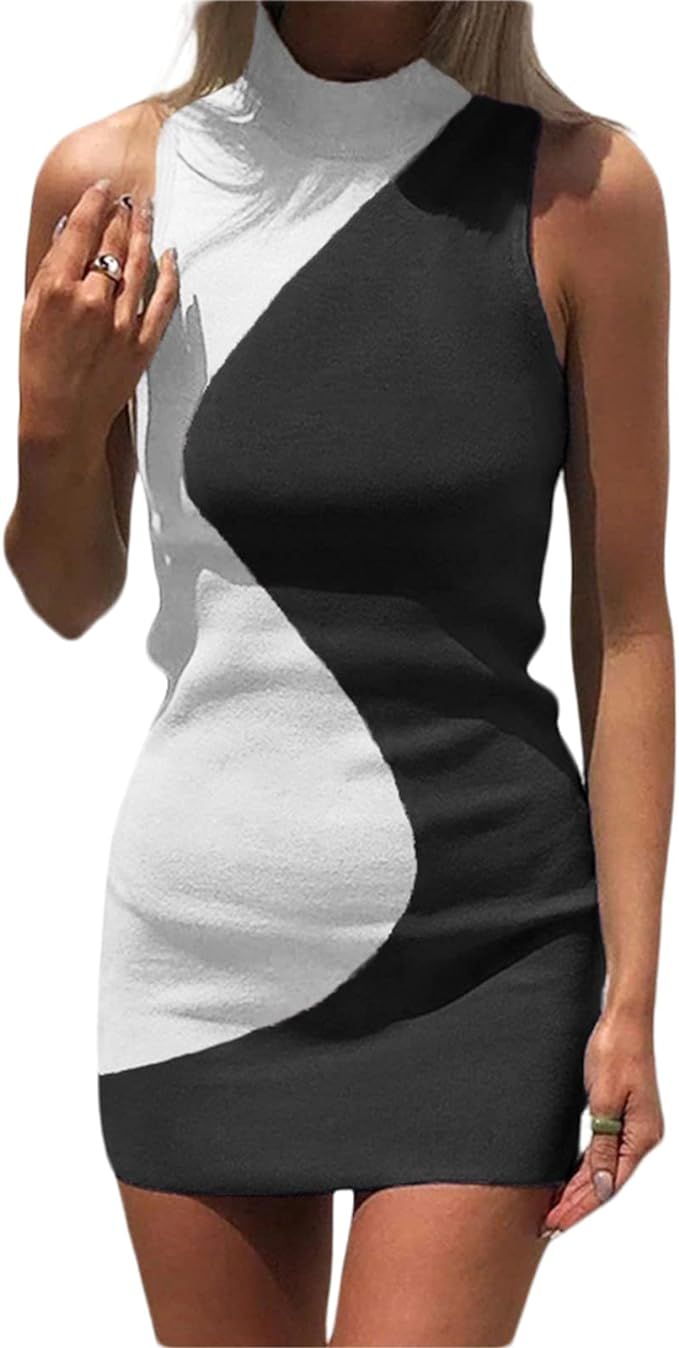 Women Sexy Bodycon Dress Y2K Knitted Mini Dress Halter Sleeveless Ribbed Tank Dresses Streetwear | Amazon (US)