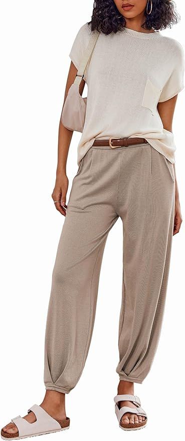 Ekouaer Women's 2 Piece Lounge Set Cap Sleeve Tops and Jogger Pants Knit Pajama Sweatsuit S-XXL | Amazon (US)