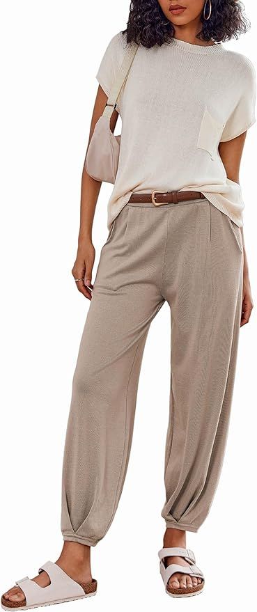 Ekouaer Women's 2 Piece Lounge Set 2024 Trendy Sweatsuit Cap Sleeve Tops and Jogger Pants Knit Pa... | Amazon (US)