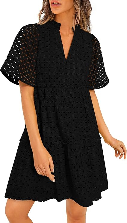 PRETTYGARDEN Eyelet Dresses for Women 2026 Summer Short Sleeve V Neck Hollow Out Ruffle A Line Bo... | Amazon (US)