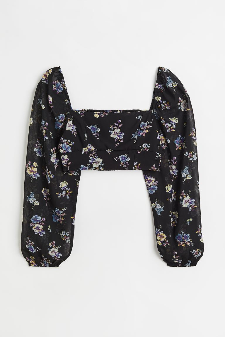 Puff-sleeved cropped top - Black/Small flowers - Ladies | H&M GB | H&M (UK, MY, IN, SG, PH, TW, HK)