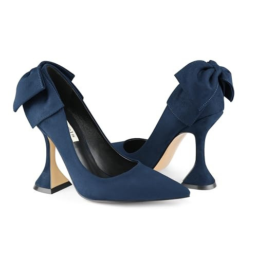 Zzheels Women's Bow Heels Closed Pointed Toe Chunky Pumps, Blue Suede, US6.5 | Amazon (US)