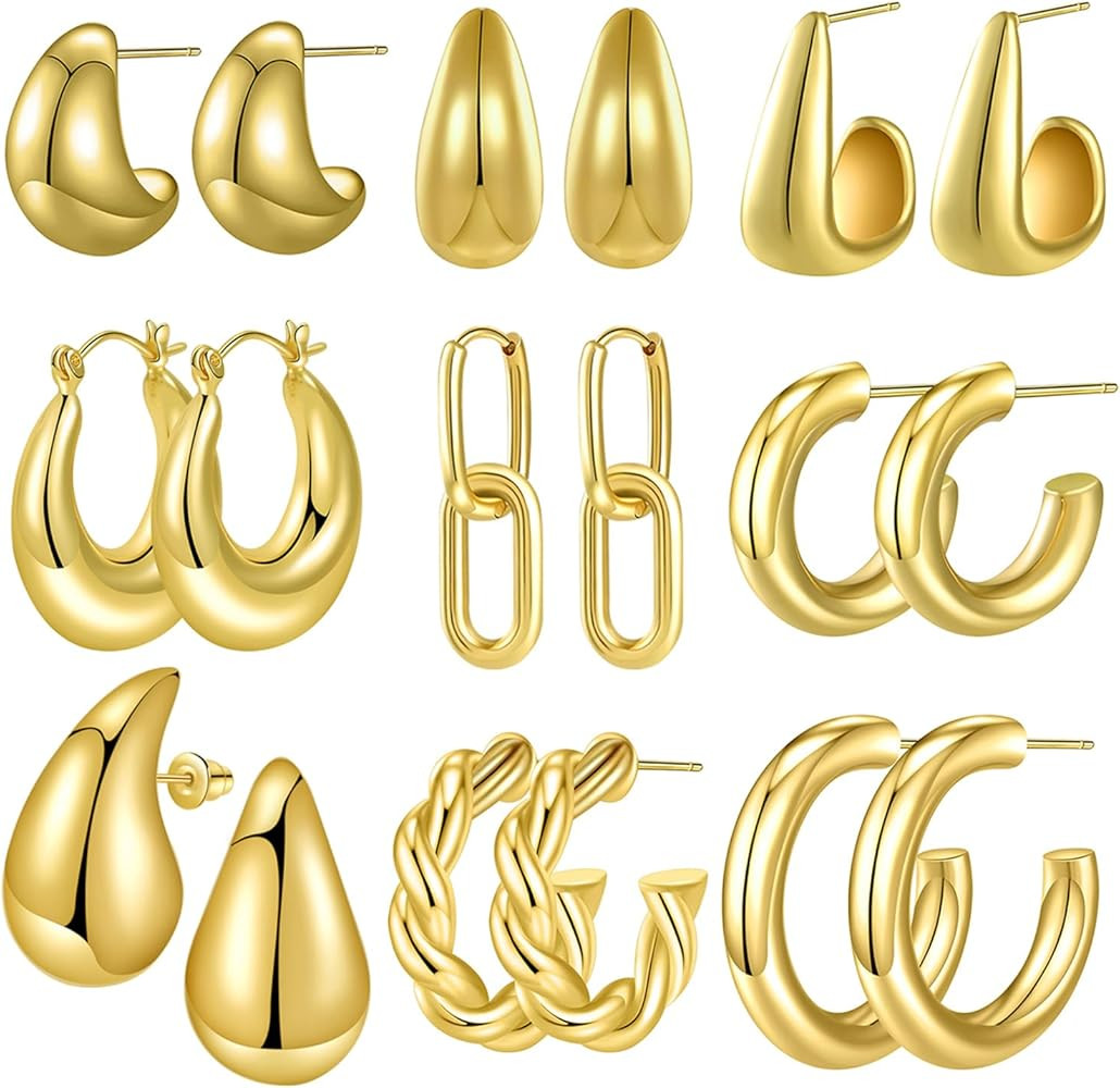 9 Pairs Chunky Gold Silver Hoop Earrings Set for Women Girls 14K Gold Plated Hypoallergenic Twist... | Amazon (US)