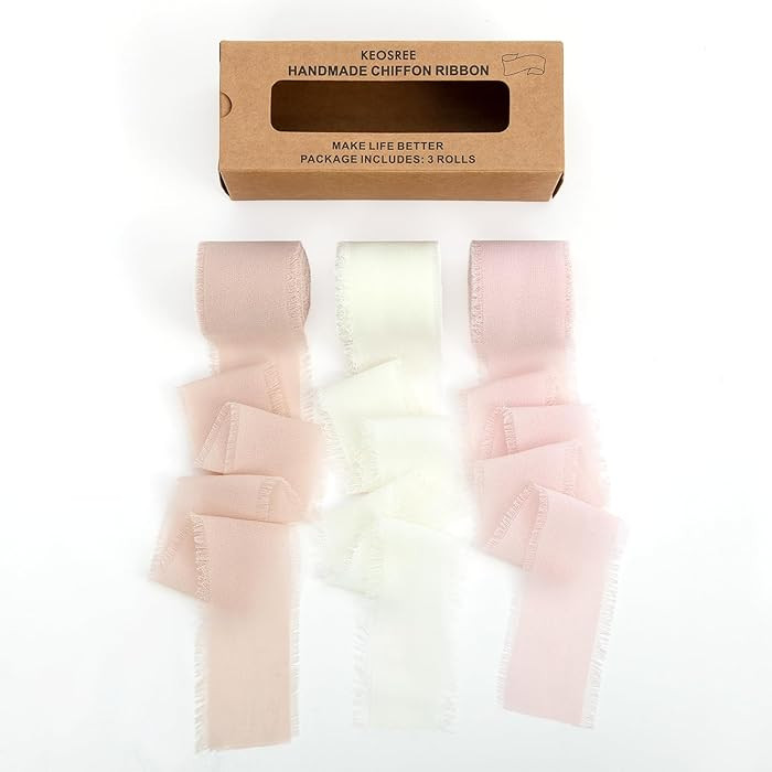 3 Rolls Nude & Cream White Handmade Chiffon Ribbon,1.5" x 21Yd Frayed Fringe Silk Ribbons (3 Roll... | Amazon (US)