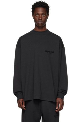 Essentials - Black Flocked Long Sleeve T-Shirt | SSENSE