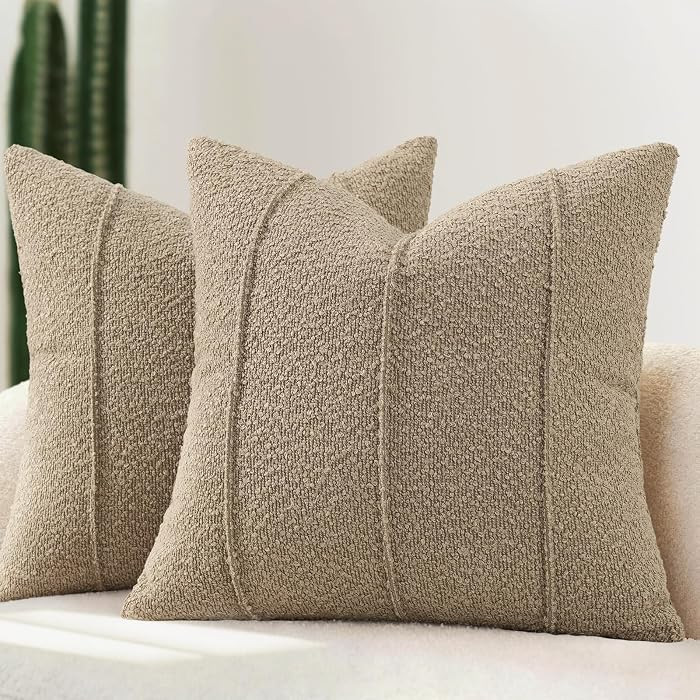 YCOLL Textured Boucle Throw Pillow Covers 18x18 Pack of 2 - Soft Neutral Striped Cushion Covers, Cozy Accent Decorative Pillow Covers for Couch, Sofa, Bed, Living Room (Taupe) | Amazon (US)