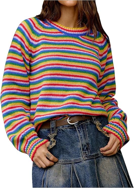 OYOANGLE Women's Rainbow Sweater Striped Raglan Long Sleeve Crewneck Pullover Sweaters Fall Tops | Amazon (US)