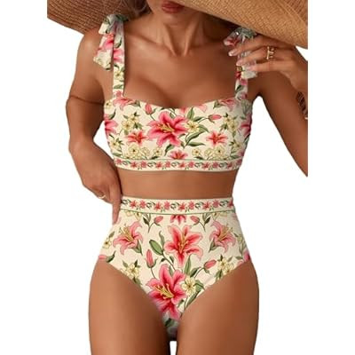 Herseas Women's Tie Shoulder Bikini Sets 2 Piece Striped Swimsuits High Wai… | Amazon (US)