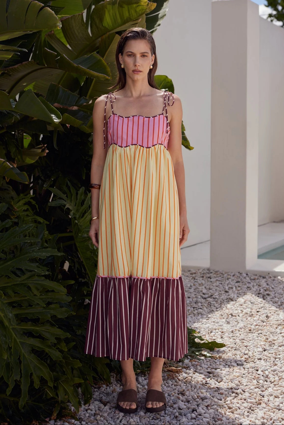 Colorblock Stripe Tie-Shoulder Midi Dress | English Factory