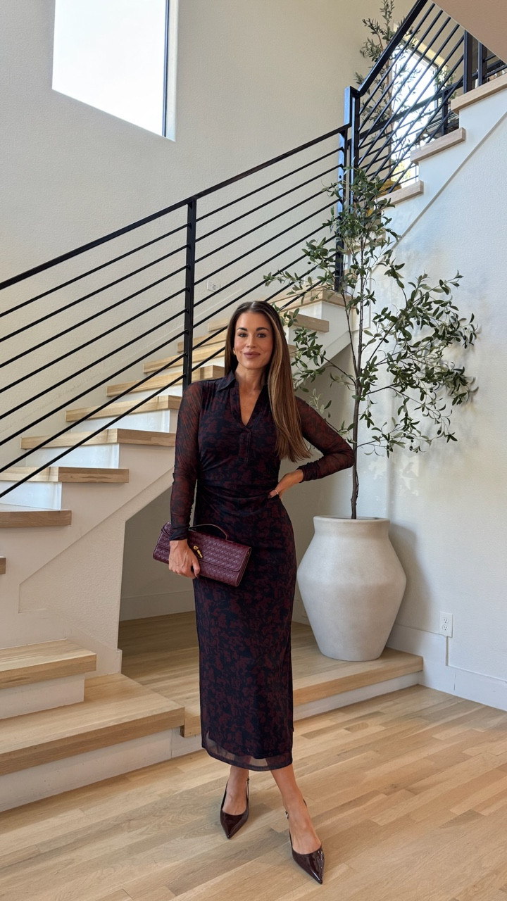Perfect fall dress! Subtle navy + burgundy floral - the mesh sleeves are so pretty! 
Wearing a small 

#LTKHoliday #LTKParties #LTKStyleTip