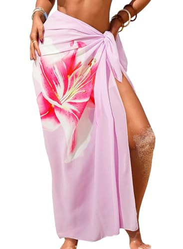 Herseas Women's Sheer Sarong Baby Pink Floral Print One Size Swimsuits Coverups 2026 Summer High Slit Chiffon Wraps Beach Cover Up Trendy Beach Vacation Essentials for Teens | Amazon (US)