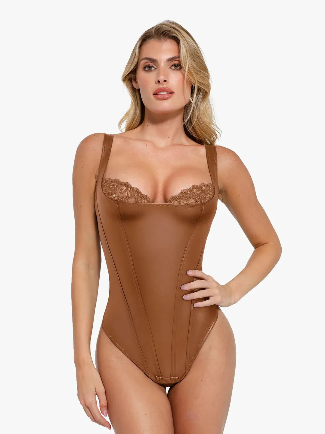 Shapewear Faux Leather Lace Balconette Sculpting Bodysuit | Popilush