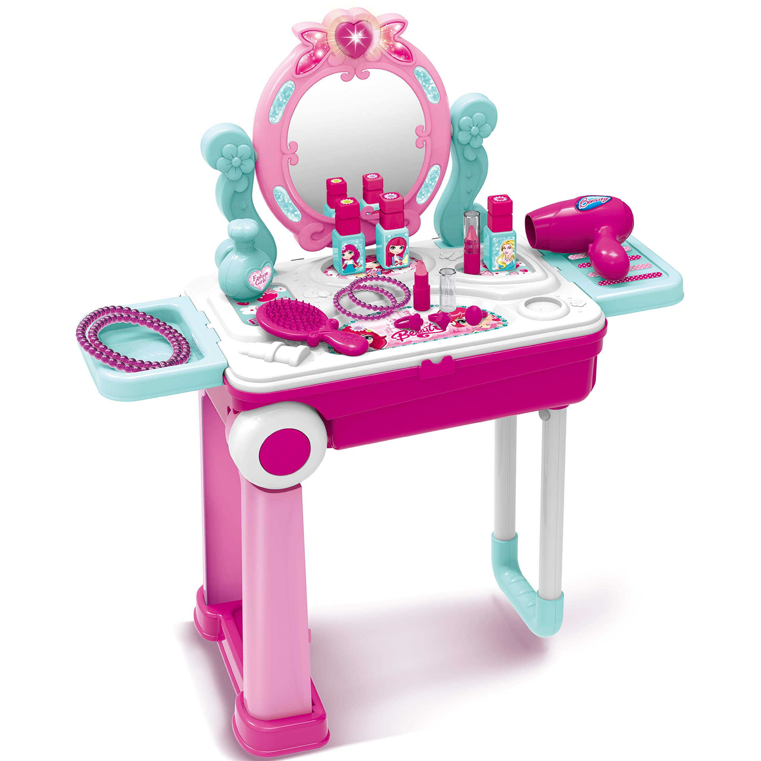 Rolling Make Up Table for Kids Girls - 2in1 Suitcase & Beauty Station w/Mirror, Hair Dryer & Fash... | Amazon (US)