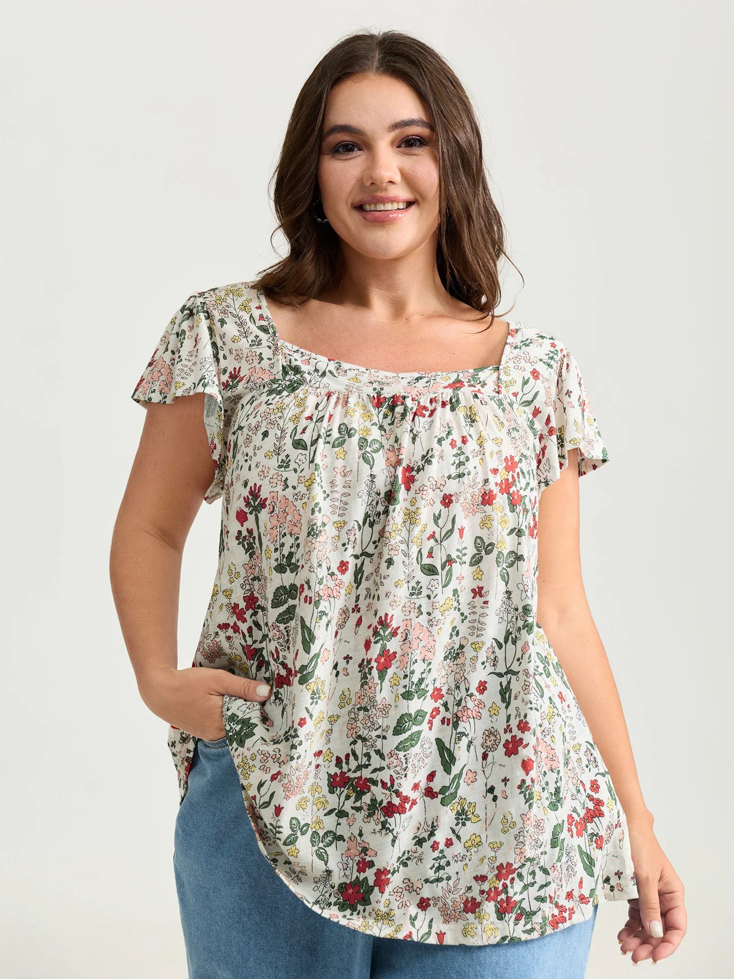 Pure Cotton Floral Print Square Neck Top | Bloomchic