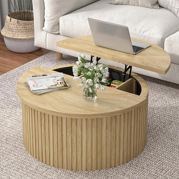 Round Fluted Lift Top Coffee Table with Storage, 34.6'' Farmhouse Round Coffee Tables for Living ... | Amazon (US)