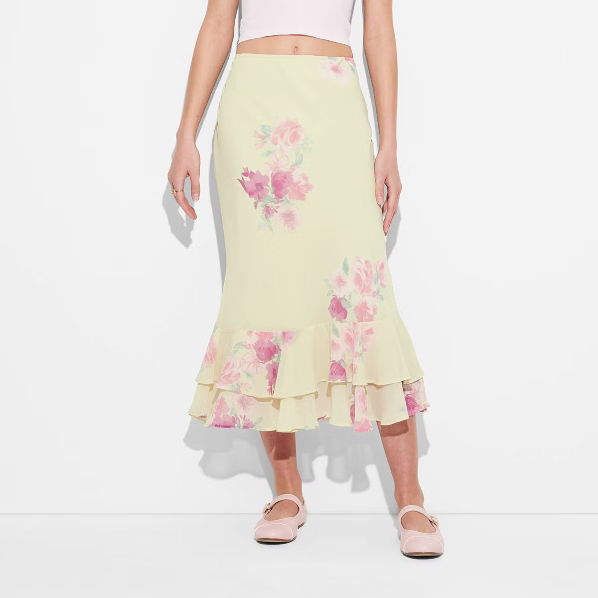 Women's Ruffle Midi A-Line Skirt - Wild Fable™ Light Yellow Floral 2X | Target