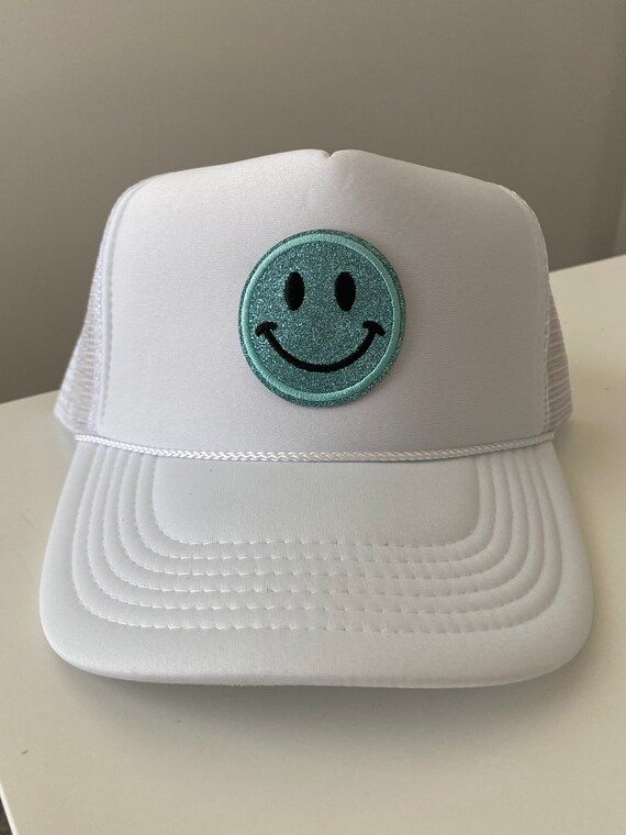 Light Blue Sparkly Smiley Face Trucker Hat | Etsy (US)