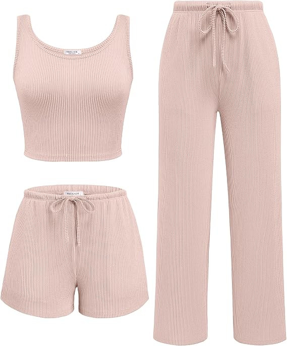Ekouaer Women's 3 Piece Lounge Set Soft Twisted Rib Knit Summer Vacation Outfits Crop Top Shorts ... | Amazon (US)