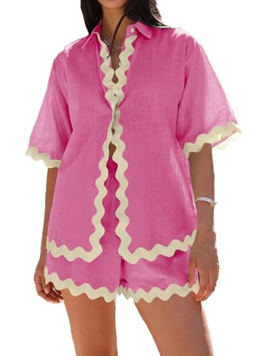 Misng Womens Summer 2 Piece Matching Set Vacation Outfits Cruise Beach Summer Short Sleeve Oversized Shirts And Shorts Sets | Amazon (US)