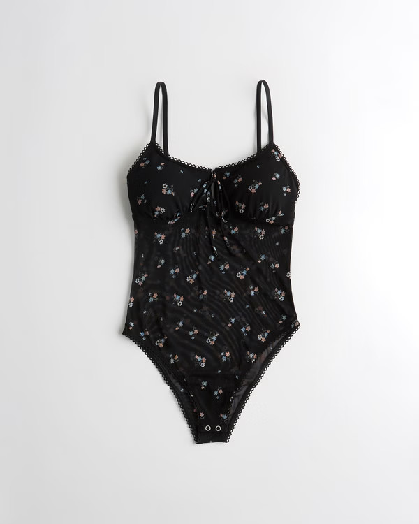Tie-Front Mesh Cheeky Bodysuit | Hollister (US)