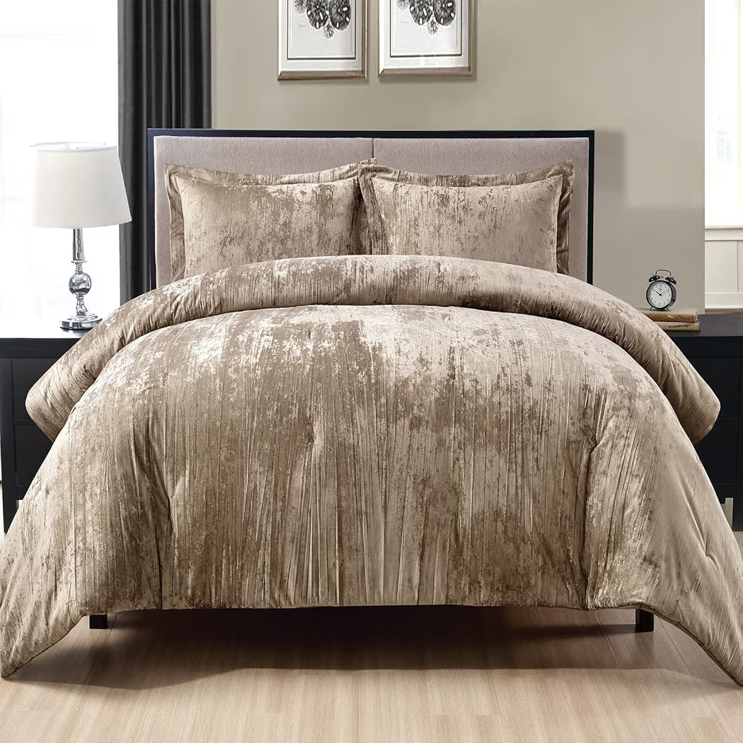 Fredsure Crinkle Velvet Comforter Set, 3 Pieces Khaki King, Crinkle Velvet Face and Brushed Micro... | Amazon (US)