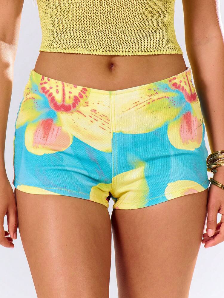 MUSERA Tropical Flower Printed Fitted Denim Micro Mini Shorts Cute Sexy Summer Spring Holiday Vac... | SHEIN