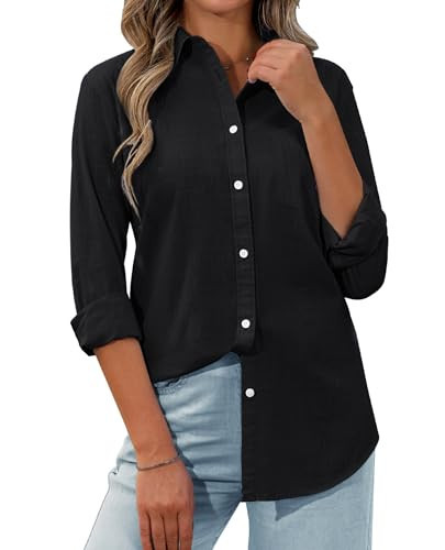 siliteelon Womens Button Down Shirt Linen Button Up Shirts for Women Long Sleeve Summer Shirt Collared Blouse Linen Tops Black | Amazon (US)