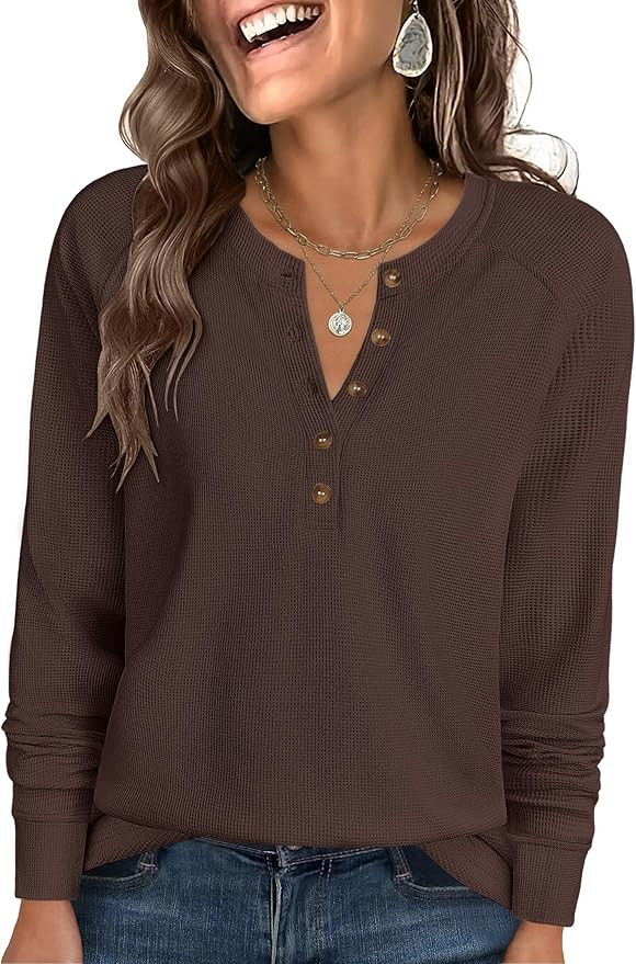ANRABESS Women's Long Sleeve Waffle Knit Shirts Dressy Casual Loose Button Up V Neck Henley Tops ... | Amazon (US)