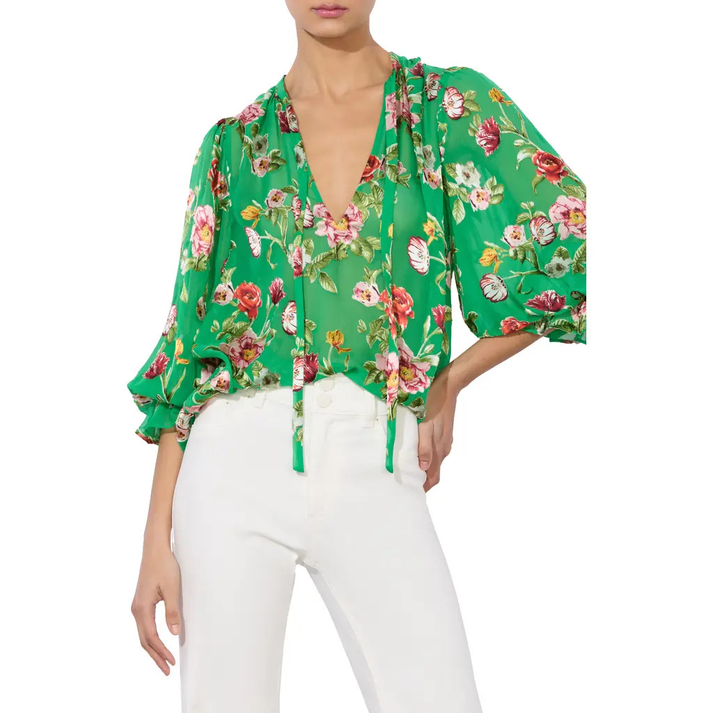 Alice + Olivia Moranne Floral Print Tie Neck Top in Hamptons Floral Small at Nordstrom Rack | Nordstrom Rack