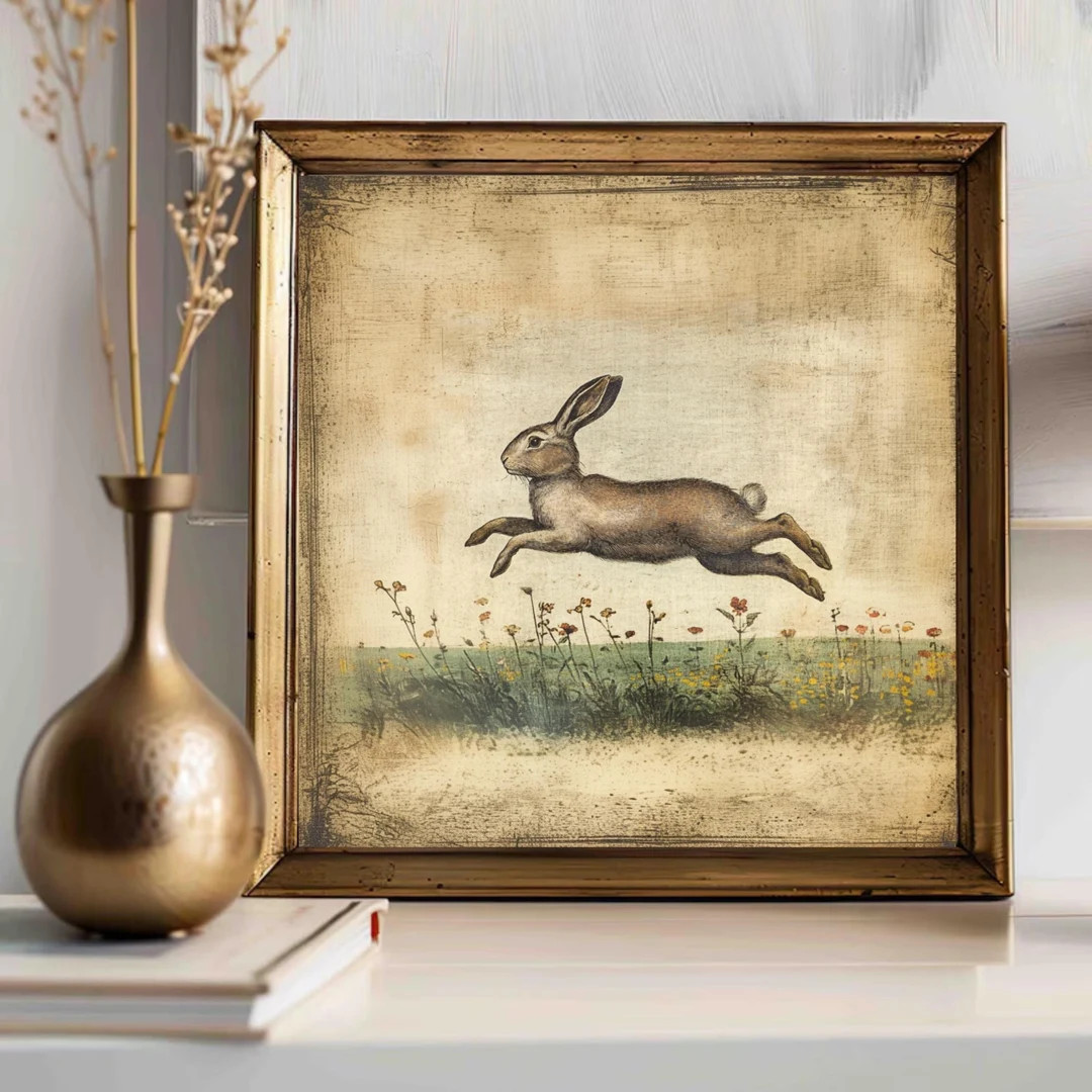 Vintage Leaping Bunny Print, Spring Easter Wall Decor, Rustic Rabbit Design, Cottagecore Vintage ... | Etsy (US)