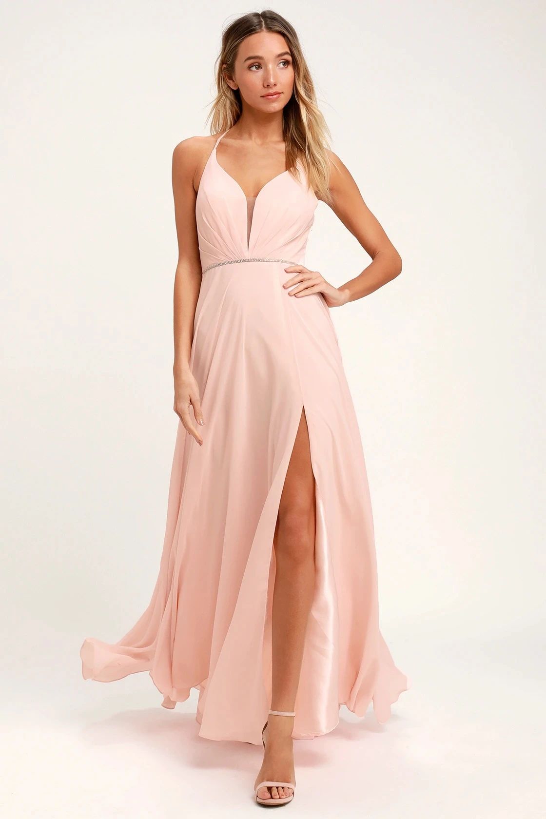 She's Gorgeous Blush Pink Lace-Up Rhinestone Maxi Dress | Lulus (US)