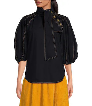 A Loves A Denim 3/4 Puffed Sleeve Pleated Shoulder Tie Neck Denim Top | Dillard's | Dillard's