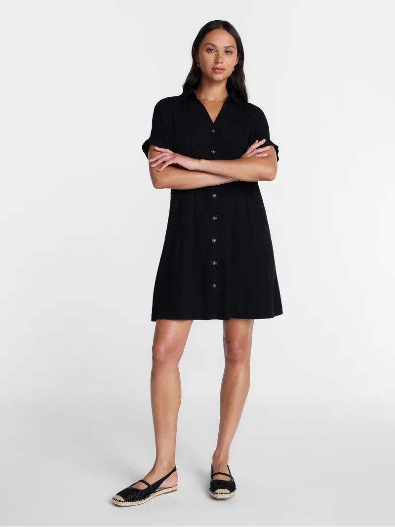 Time and Tru Women's Linen Pleated Waist Fit And Flare Mini Shirt Dress, Sizes XS-XXXL | Walmart (US)