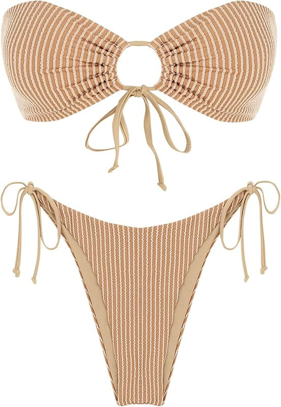 ZAFUL Women O Ring Bandeau Bikini Set, Strapless Swimsuit Tie Bikini High Cut 2 Pieces Bathing Su... | Amazon (US)