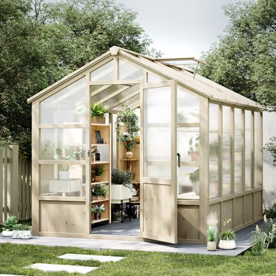 8x10 Ft Outdoor Wooden Greenhouse with Polycarbonate Panels, Adjustable Vent, and Lockable Door - Cedar Frame Garden Greenhouse for Backyard, Yard, an | Wayfair North America