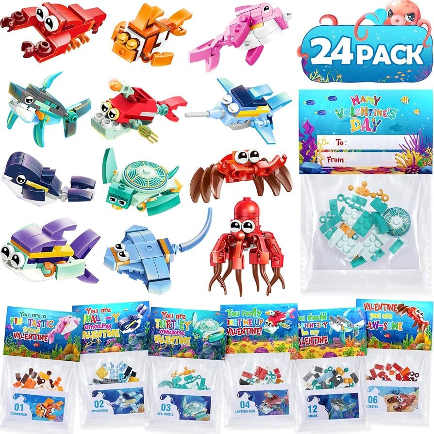 Asoulin Valentines Day Gifts for Kids, 24 Pack Sea Animal Building Block Set with Valentines Day ... | Amazon (US)