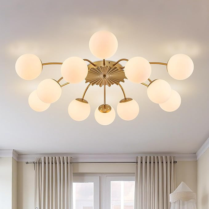Longree 38.1 in. 12-Light Mid Century Modern Sputnik Chandelier Gold Semi Flush Mount Ceiling Lig... | Amazon (US)