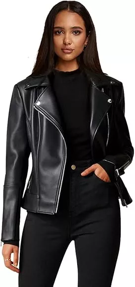 Ly Varey Lin Women's Faux Leather Motorcycle Jacket PU Slim Short Biker Coat