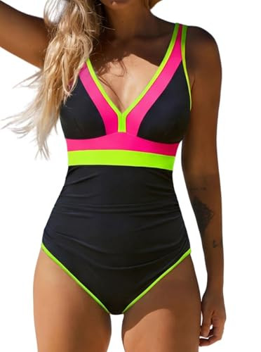popvil One Piece Swimsuit Women 2025 Bathing Suit for Women Tummy Control Neon Ajustable Deep Vneck Color Block Swim SuitsSmall | Amazon (US)