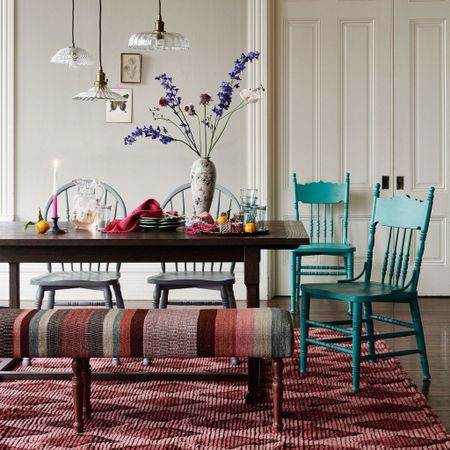 Vintage inspired pieces give this dining room so much character with the wool rug, recycled glass pendants and painted dining chairs 

#LTKhome