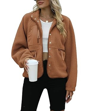 Yanekop Womens Fleece Jacket Fuzzy Long Sleeve Short Coats Button Down Sherpa Outerwear With Pock... | Amazon (US)