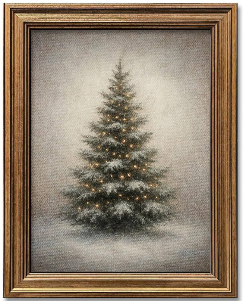 Gold Framed Vintage Christmas Tree Canvas Wall Art Farmhouse Rustic Pine Tree Winter Print Botani... | Amazon (US)